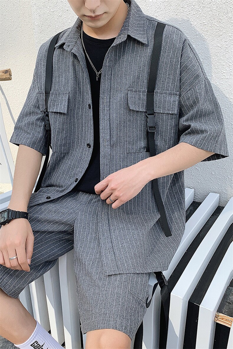条纹休闲套装男2021夏季新款潮流短袖衬衫两件套DS775TP65,男装衬衫,电商A102