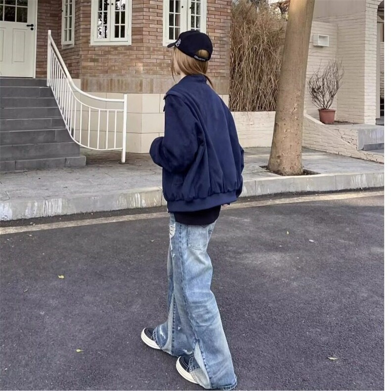 美式高街复古双腰头牛仔裤男女宽松直筒做旧水洗割破设计感阔腿裤,女装牛仔裤,星座506A