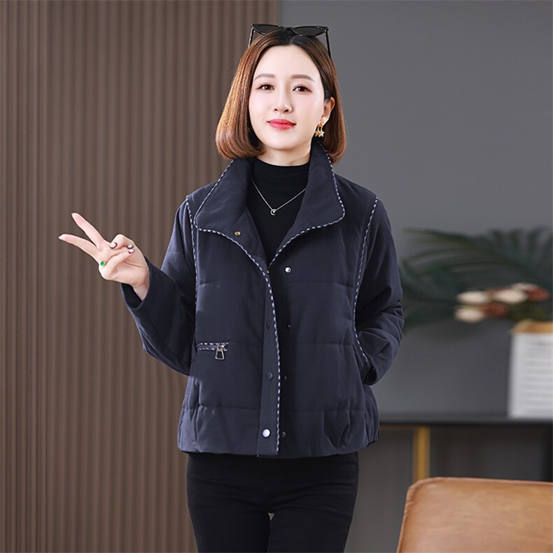 2025冬装新款短款明线装饰翻领棉衣外套,女装棉衣/棉服,雪樱依海