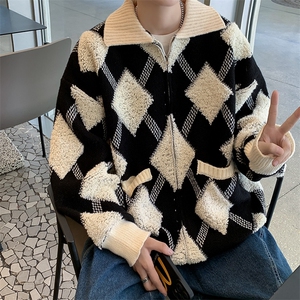秋款男拉链开衫毛衣菱形条纹拼色针织衫外套M5632 P70图片