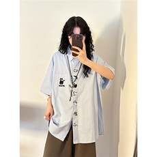 日系小狗刺绣Polo领衬衫男女夏季宽松潮流学院风衬衣CY1203-P35，男装衬衫，星座412-3
