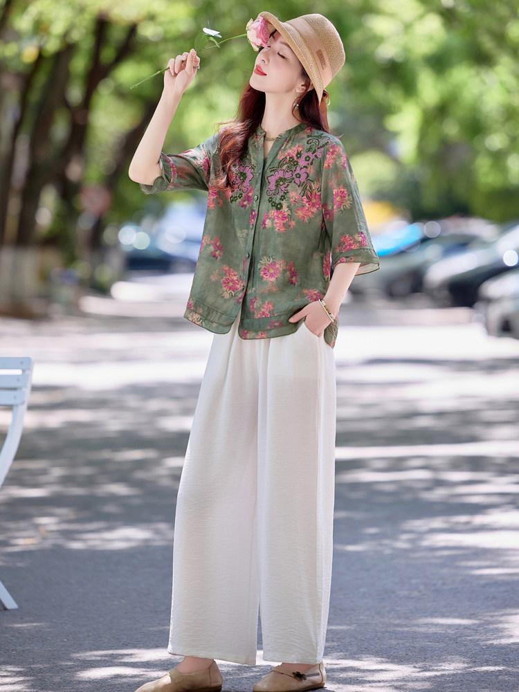 现货！夏季新款2025套装女简约时尚优雅气质印花天丝麻刺绣两件套,女装套装/套裙,魅影