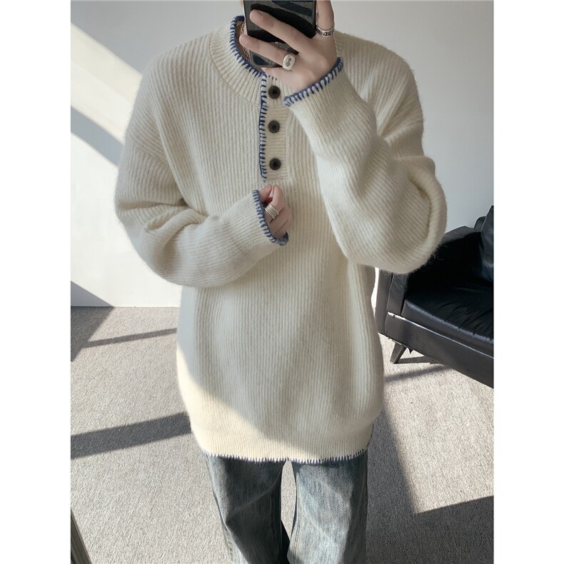 秋冬氛围感慵懒毛衣大码亨利领套头羊毛衫纽扣针织衫外套LM801P55，男装针织衫/毛衣，电商B215