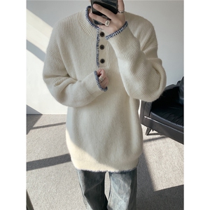 秋冬氛围感慵懒毛衣大码亨利领套头羊毛衫纽扣针织衫外套LM801P55,男装针织衫/毛衣,电商B215