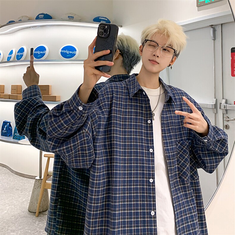 2025春季衬衫男新款港风大码宽松磨毛格子长袖衬衣CS580-P38(现货，男装衬衫，星座214-3