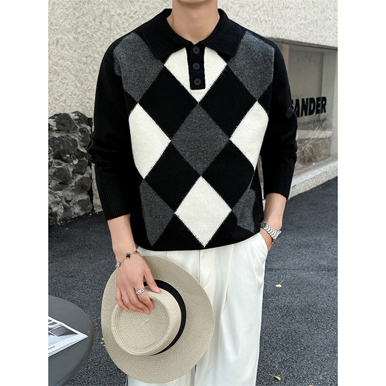 A135-2523美式复古撞色格子毛衣高品质P88控129，男装针织衫/毛衣，电商A135（原星座819）