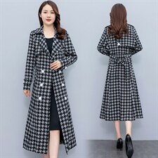 高端千鸟格风衣女2024春秋新款韩版显瘦气质收腰长款过膝大衣外套，女装风衣，凝聚力