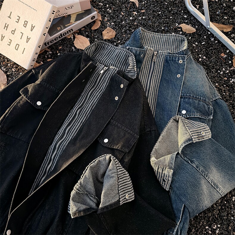 得物品质秋冬款男假两件牛仔夹克衫立领条纹宽松外套JK8648P88,男装夹克,星座1013-1