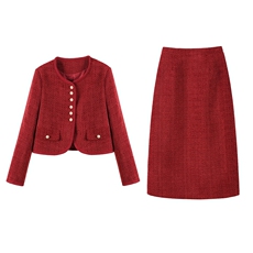 红色小香风套装裙女春秋2024新款修身显瘦洋气短外套半身裙两件套，女装套装/套裙，众宇琦