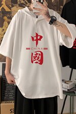 LD54198-P45 连帽短袖t恤男大码胖子带帽五分袖中袖图片