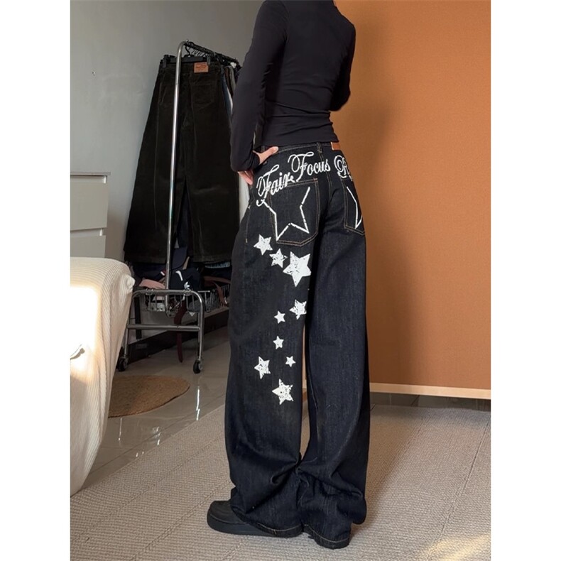 穿美式复古字母印花弯刀牛仔裤男女宽松街头辣妹亚比裤子,男装牛仔裤,四季星座505