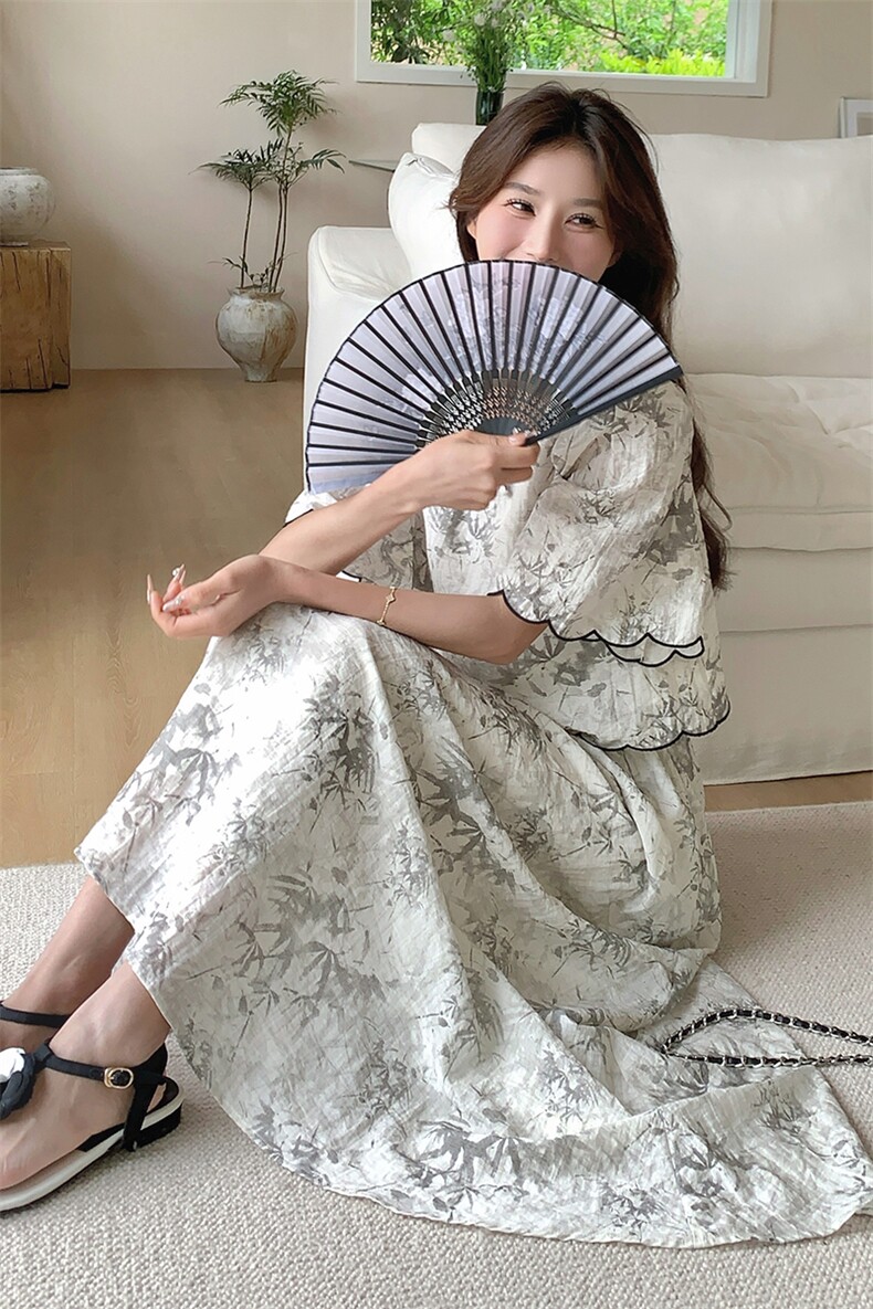 新中式禅意女2025夏季搭配一整套国风水墨画上衣半身裙,女装连衣裙,诺蝶