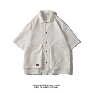 夏装日系复古大口袋短袖衬衫男宽松纯色大码衬衣 C500P35图片