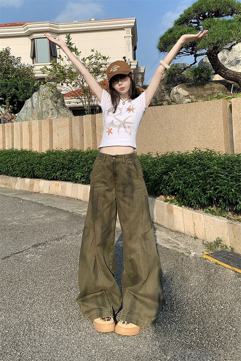 美式复古扎染褶皱弯刀工装裤男女宽松阔腿cleanfit裤YD9020-P70,男装牛仔裤,星座509