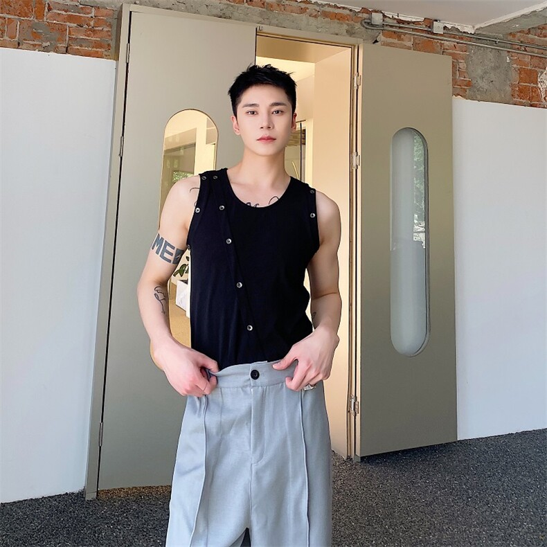 夏季潮流紧身圆领无袖纯色男女背心个性纽扣设计无坎肩黑心158P55，男装背心/马甲，星座901-1（原C217）