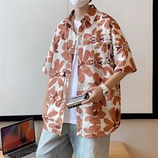 花衬衫男短袖夏季潮港风设计感小众宽松潮牌休闲五分袖衬衣，男装衬衫，星座1013