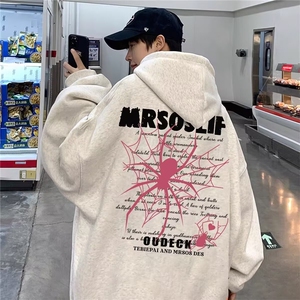 情侣美式hiphop潮牌蜘蛛印花连帽卫衣女秋冬新款加绒加厚宽松外套图片