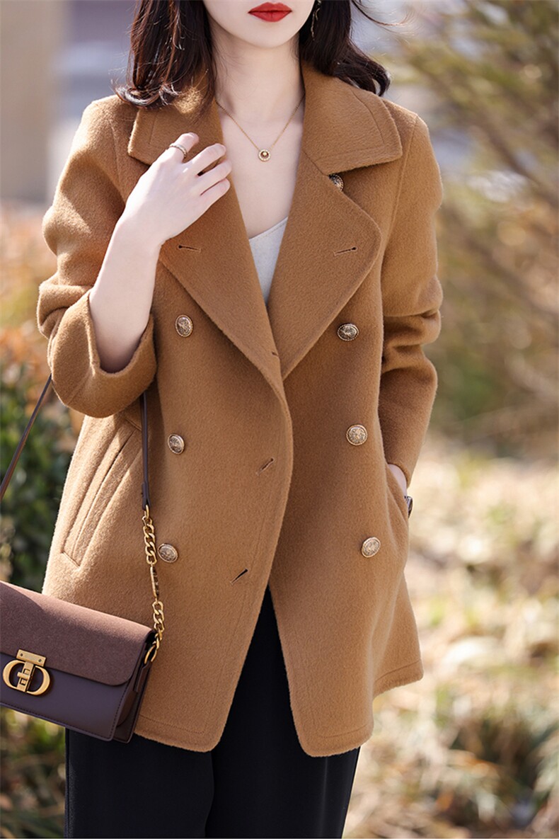 2025年秋季通勤长袖时尚百搭通勤简约休闲双盘扣翻领双面呢大衣，女装双面呢大衣，森墨