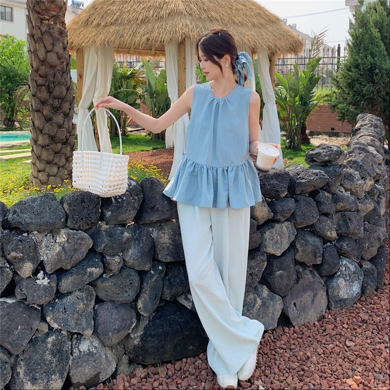 设计感荷叶边马甲背心套装女2025夏季一整套ootd穿搭阔腿裤两件套，女装套装/套裙，2C135