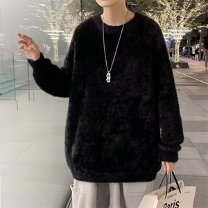 宽松慵懒风针织衫简约纯色圆领白色毛衣男韩版潮流图片