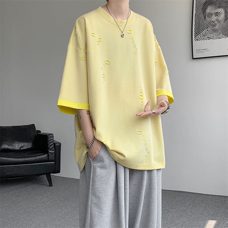 T10137-特批33  控68 开口笑高品质夏季大码短袖破洞潮流百搭T恤图片