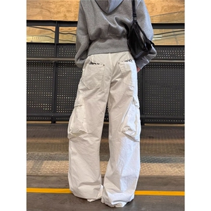 高腰阔腿牛仔裤女2025新款秋款超火宽松梨型身材白色直筒拖地裤子图片