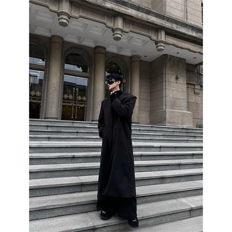 暗黑巫师帽风衣男过膝长款教父垫肩毛呢大衣披风外套Y995-P13,男装风衣,星座1004-3