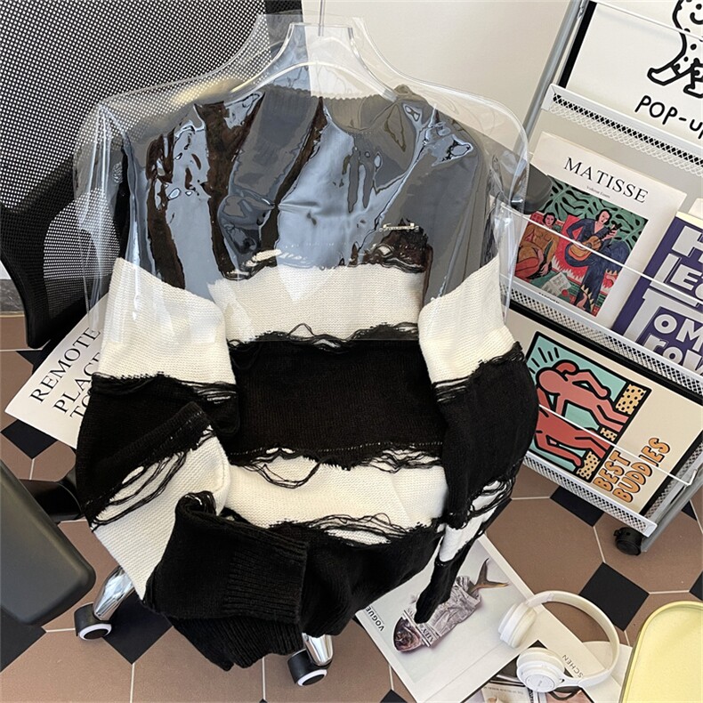 新款撞色条纹破坏感毛衣男秋冬美式潮牌宽松休闲百搭上衣,男装针织衫/毛衣,星座410-7