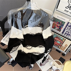 新款撞色条纹破坏感毛衣男秋冬美式潮牌宽松休闲百搭上衣，男装针织衫/毛衣，星座410-7
