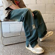 港风潮男夏季新款牛仔裤嘻哈ins潮高街潮流痞帅长裤N01494-P48，男装牛仔裤，星座308B-1