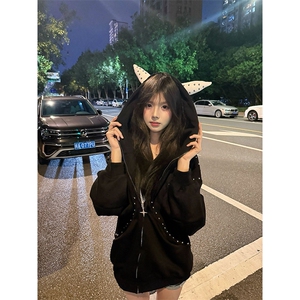 抖音得物高品质26春装美式高街铆钉杜宾犬耳朵开衫卫衣外套W125
