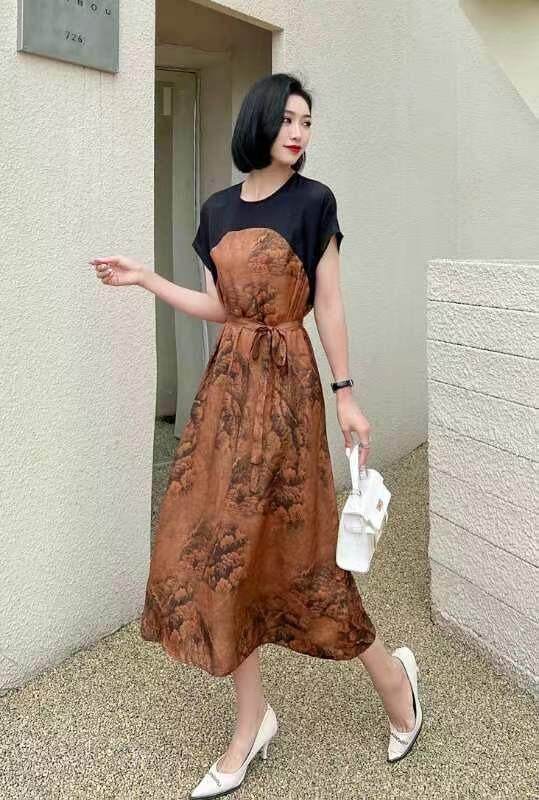 现货，人丝撞色连衣裙，女装连衣裙，迪蔓君翔