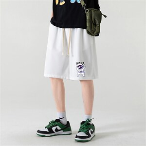 HD74225-P22华夫格短裤男大码宽松五分裤男直筒中裤,白衣黑裤搭配匡威图片
