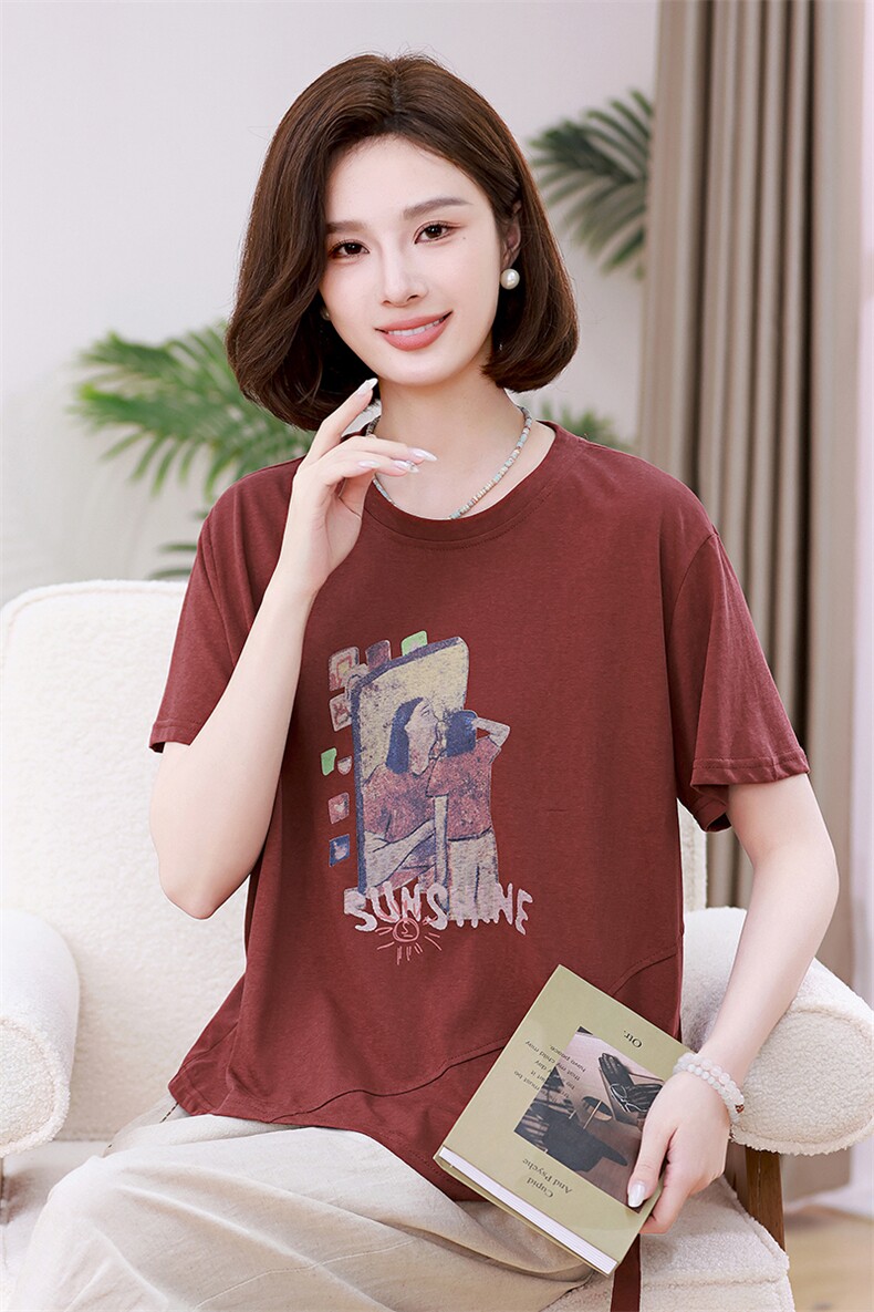 时尚宽松短袖T恤女夏季新款韩版百搭显瘦印花上衣休闲舒适女装,女装T恤,叶笙衣