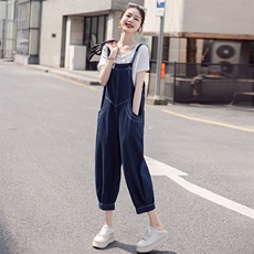 Lusam阔腿牛仔吊带裤女2025夏季新款韩版宽松小个子背带裤两件套，女装套装/套裙，慧尚依恋