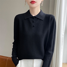 春秋羊毛针织衫POLO领宽松翻领毛衣女百搭长袖套头打底衫上衣外搭，女装针织衫/毛衣，皓宇羊绒