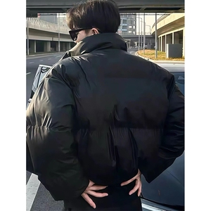 现货5W件冬季三防重磅硬挺boxy短款羽绒立领PU皮棉衣外套加厚棉服图片