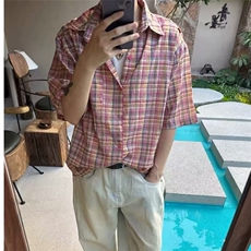 网络图现货复古格子短袖衬衫男女夏季宽松半袖上衣RC380-P55，男装T恤，星座1005-6