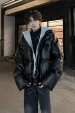 405A美式高街个性连帽设计假两件pu皮棉服MY24920-P158控188，男装棉衣，星座405A