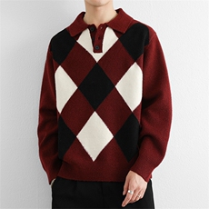 美式复古撞色格子毛衣Polo衫男2025秋冬新品加厚气质翻领休闲针织，男装Polo衫，星座914
