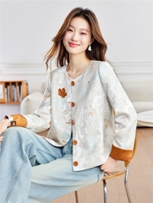 2026年春季民族风新中式圆领碎花撞色拼接外套，女装短外套，简韵佳