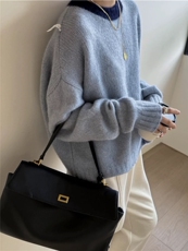 休闲高级感时尚圆领拼色百搭毛衣，女装针织衫/毛衣，圣旺供货