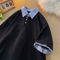 8XL-M假两件衬衫领短袖T恤大码夏季条纹拼接polo衫半袖DX1211/P45，男装Polo衫，电商B238