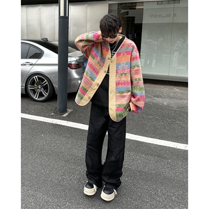 春秋复古宽松民族风撞色夹克男休闲V领纽扣彩虹外套潮 JK6621-P65图片