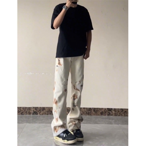 【有货】火焰蕾丝白色牛仔裤美式高街vibe微喇裤子B07LL-特P50图片