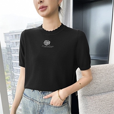 18针扬子纱精纺100纯羊毛圆领针织短袖T恤打底衫女宽松休闲通勤薄，女装T恤，玖雪绒羊绒