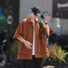 2025夏装日系复古大口袋短袖衬衫男宽松纯色大码衬衣C500P40，男装衬衫，电商C323