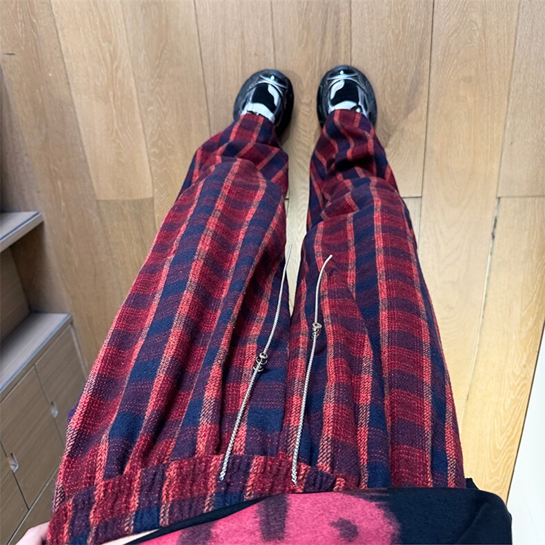 现货自家图美式红色格子毛呢宽松直筒阔腿休闲裤K661-P50控68，男装休闲裤，星座205-5