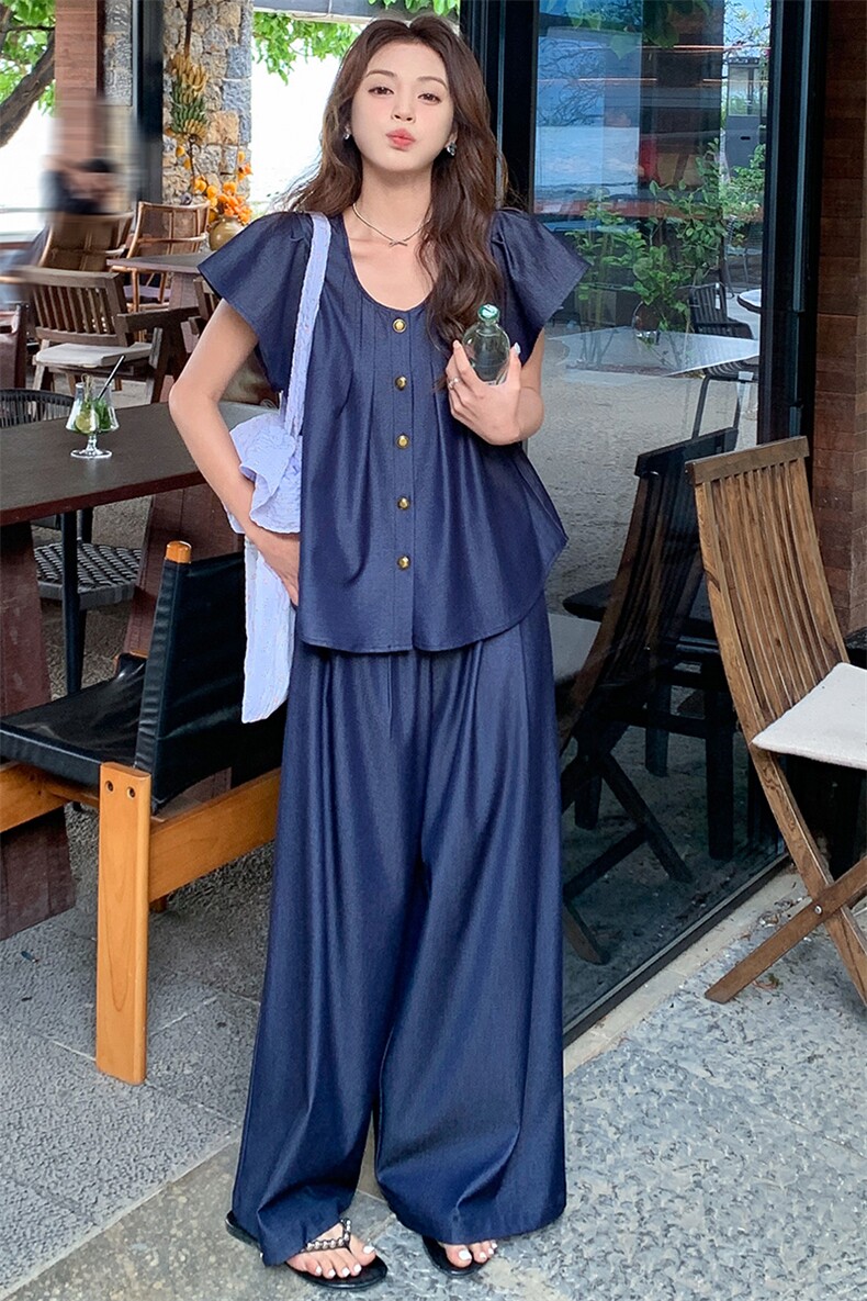 时尚高级感短袖轻薄套装女2025夏季新款气质休闲简约阔腿裤两件套,女装套装/套裙,幸运星