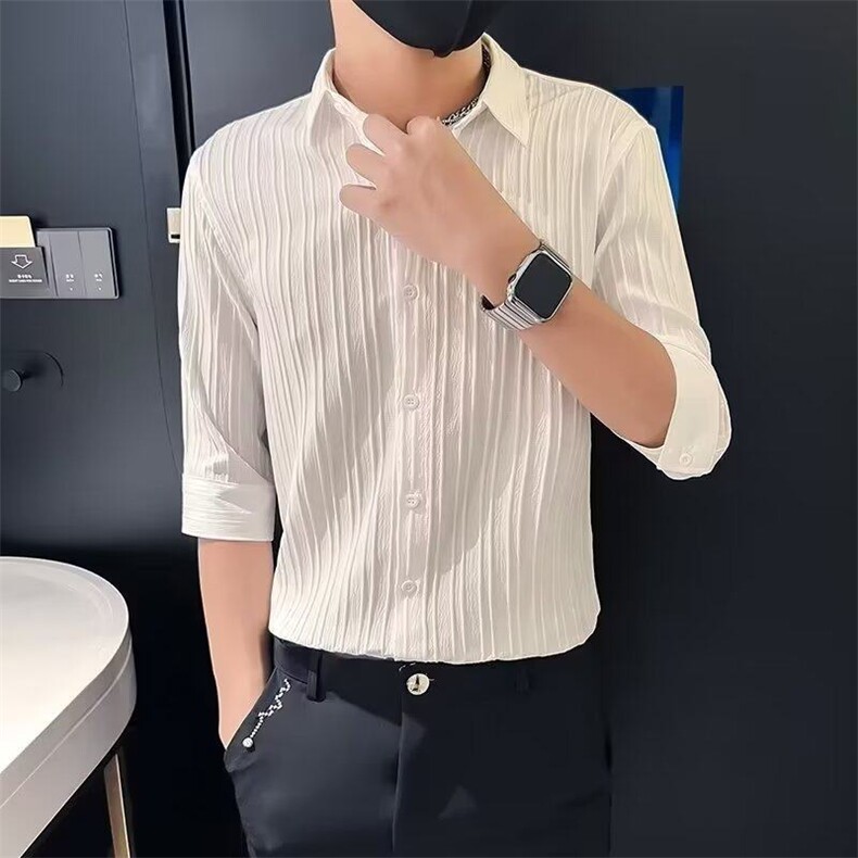 七分袖衬衫男痞帅夏季薄款男士中袖上衣短袖寸衣时尚条纹休闲衬衣,男装T恤,星座410-7